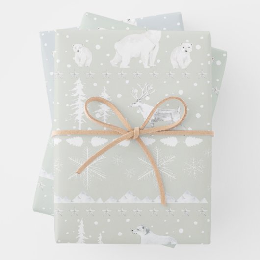 Nordic Sweater Winter Animals Muted Green Blue Inpakpapier Vel (In situ)