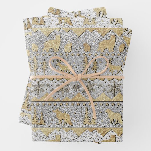 Nordic Sweater Winter Animals Rayed Gold Silver Inpakpapier Vel (In situ)