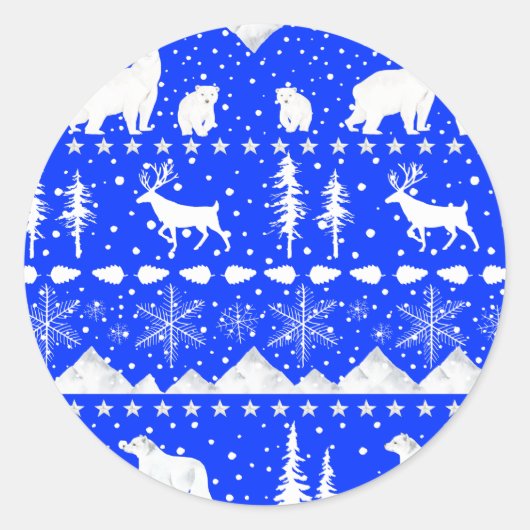 Nordic Sweater Winter Animals Royal Blue & White Ronde Sticker (Voorkant)