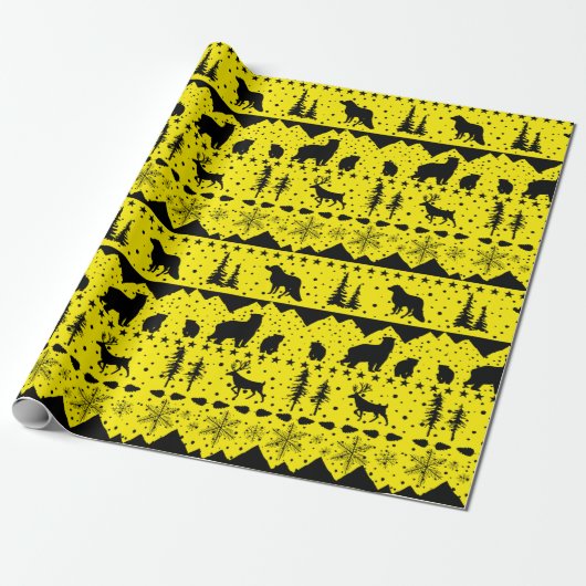 Nordic Sweater Yellow and Black Winter Animals Cadeaupapier (Uitgerold)