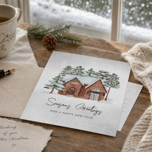 Nordic Waterverf Snowflakes Pine Forest Christmas Feestdagenkaart