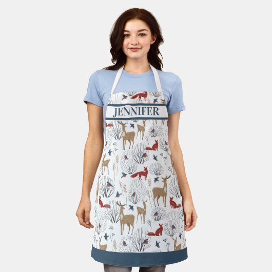 Nordic Winter Rustic Woodland Animal Holiday Naam Schort (Gedragen)