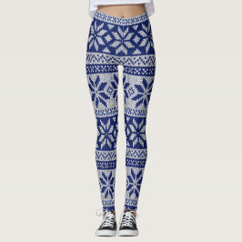 Nordic Winter Snowflake Knit Pattern Blue Leggings