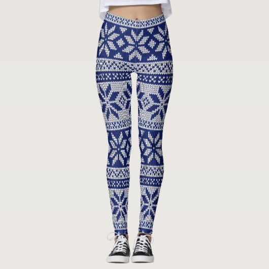 Nordic Winter Snowflake Knit Pattern Blue Leggings (Voorkant)