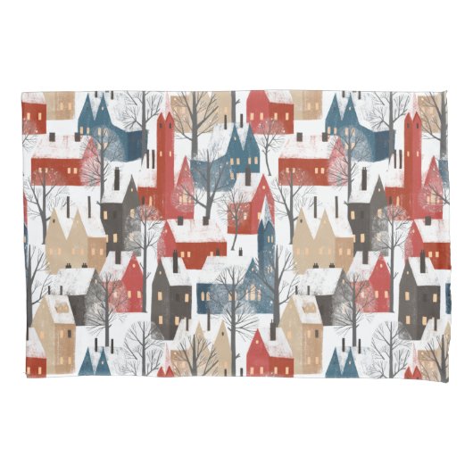 Nordic Winter Town Pattern Kussensloop (Voorkant)