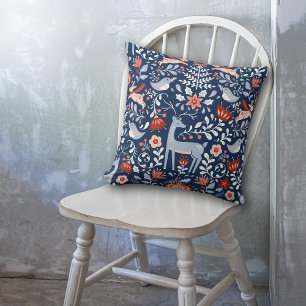 Nordic Woodland Animals Pattern on Navy Blue Kussen