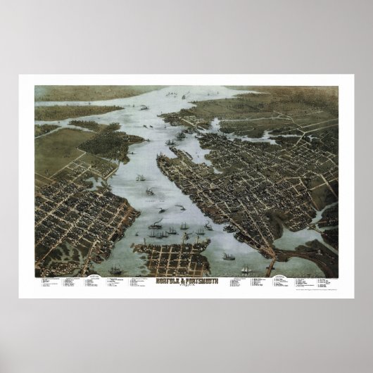 Norfolk and Portsmouth, VA Panoramic Map - 1873 Poster (Voorkant)