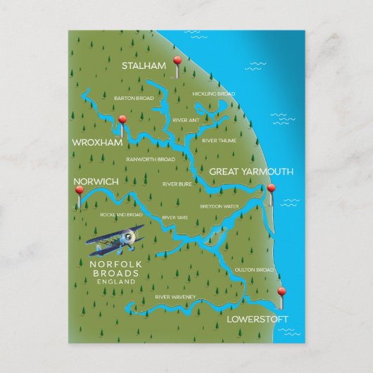Norfolk Broads Engeland Kaart. Briefkaart (Voorkant)