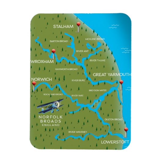 Norfolk Broads Engeland Kaart. Magneet (Verticaal)