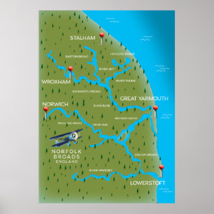 Norfolk Broads Engeland Kaart. Poster