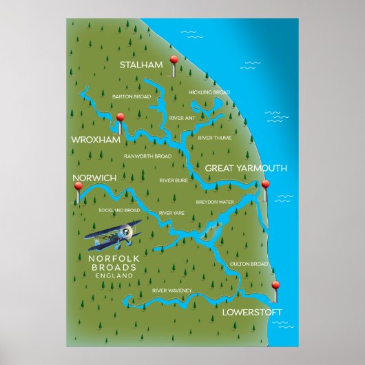 Norfolk Broads Engeland Kaart. Poster (Voorkant)