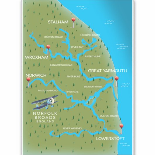 Norfolk Broads Engeland Kaart. Sticker (Voorkant)