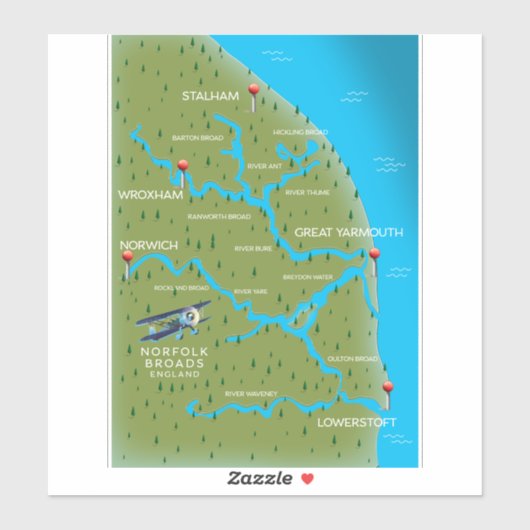 Norfolk Broads England Map. Sticker (Vel)