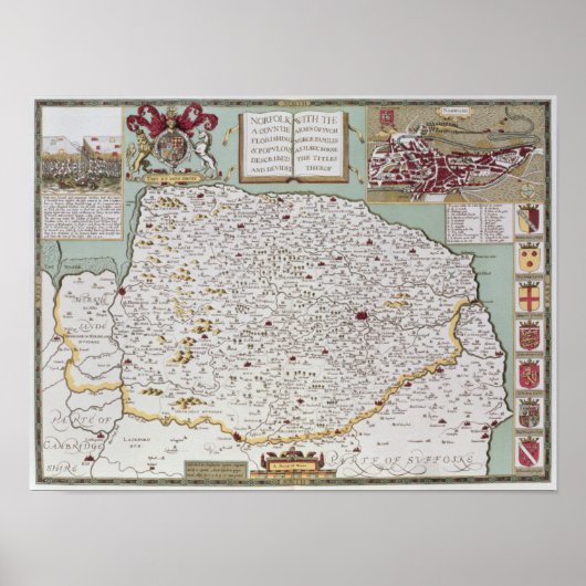 Norfolk, gegraveerd door Jodocus Hondius Poster (Voorkant)