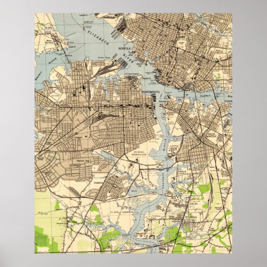  Norfolk & Portsmouth Virginia Map (1944) Poster (Voorkant)