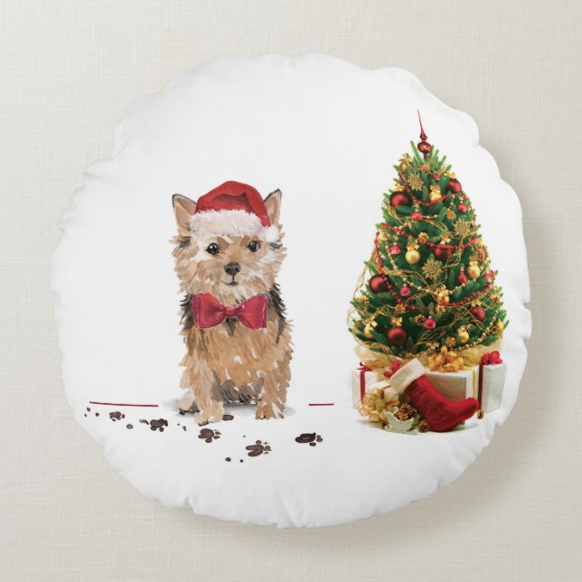 Norfolk Terrier Funny Kersthond met boom Rond Kussen (Voorkant)