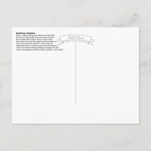  Norfolk, VA: Monticello Hotel (1902) Briefkaart (Achterkant)