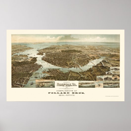 Norfolk, VA Panoramic Map - 1892 Poster (Voorkant)