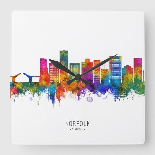 Norfolk Virginia Skyline Vierkante Klok (Voorkant)