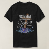 Normaal komt niet terug, maar Jezus is revisie 1 T-shirt (Design voorkant)