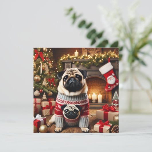 Norman T Pug Open haard Feestdagenkaart (Staand voorkant)