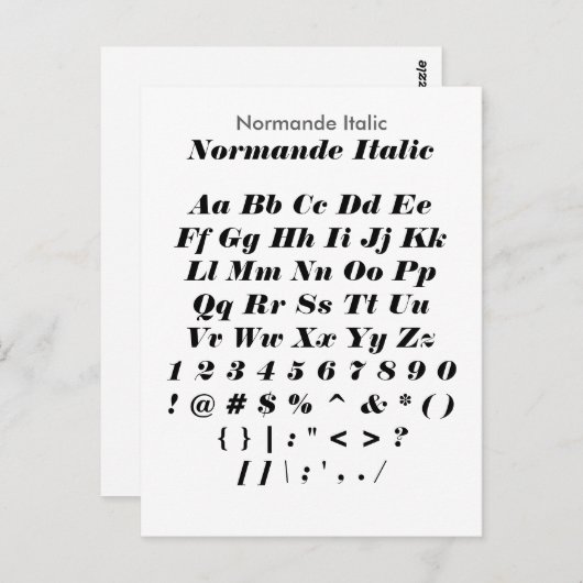 Normande Italic - Zazzle Font Sampler Blad Briefkaart (Voorkant / Achterkant)