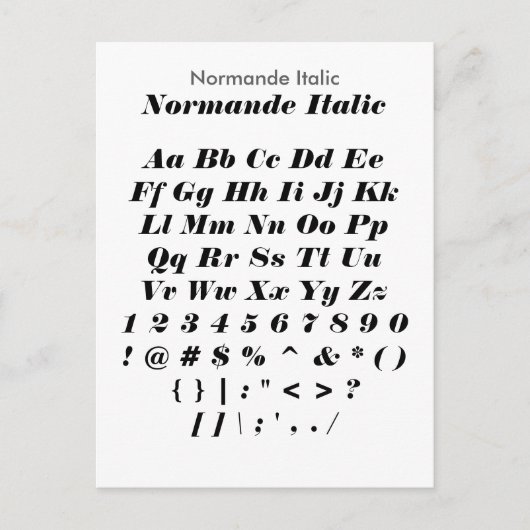 Normande Italic - Zazzle Font Sampler Blad Briefkaart (Voorkant)