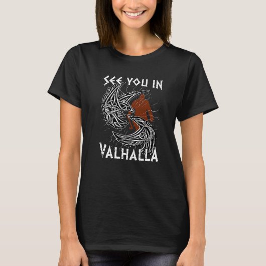 Norse Mythology Odin's Raven ziet je in Valhalla V T-shirt (Voorkant)
