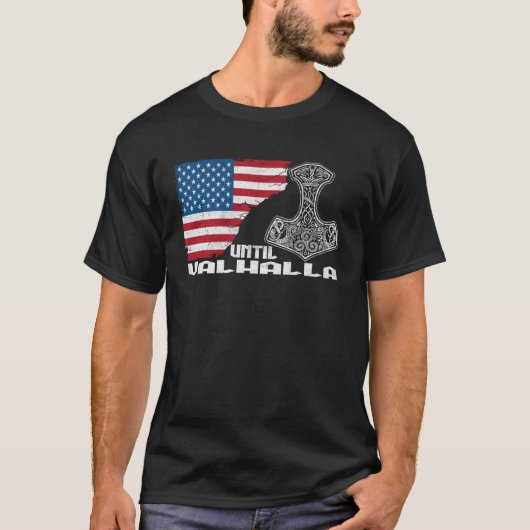 Norse Mythology Thor Hammer USA , vlag tot Valhall T-shirt (Voorkant)