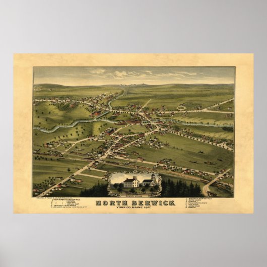 North Berwick ME Panoramic Birdseye Uitzicht 1877 Poster (Voorkant)