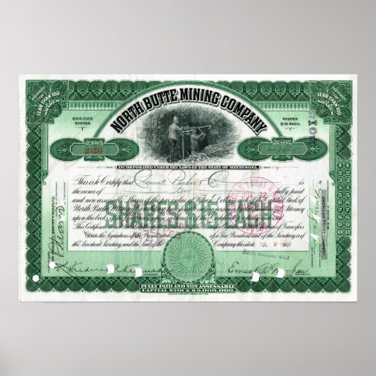 North Butte Mining Company Voorraadcertificaat Pos Poster (Voorkant)