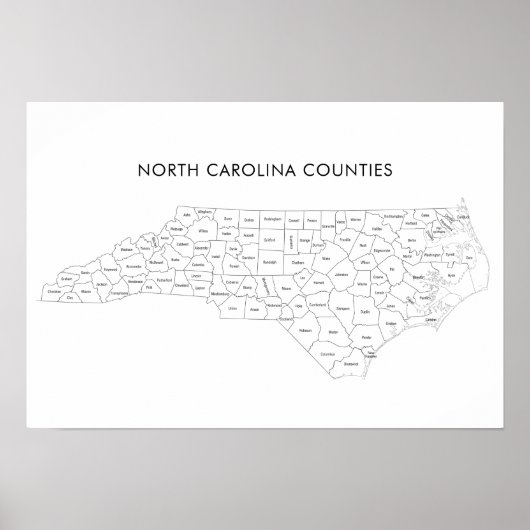 North Carolina County's kaart met provincienamen Poster (Voorkant)