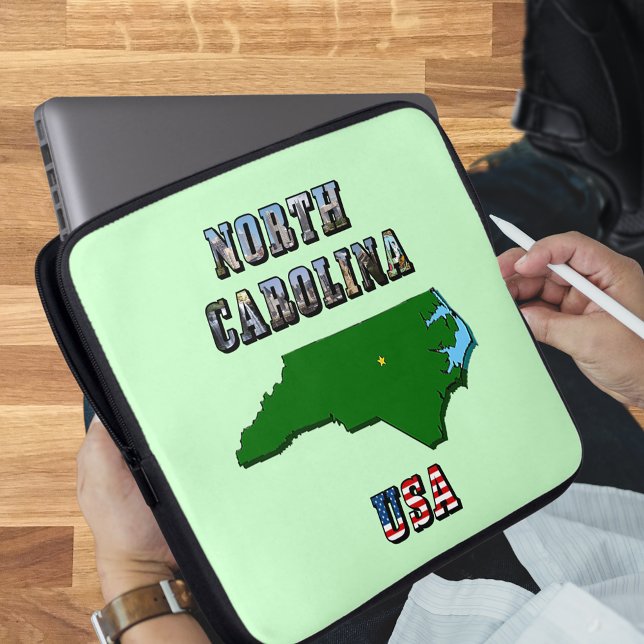 North Carolina kaart overzicht, foto en Amerikaans Laptop Sleeve (North Carolina Map and Text Laptop Sleeve)