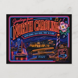 North Carolina Neon Staat Retro Vintage Briefkaart