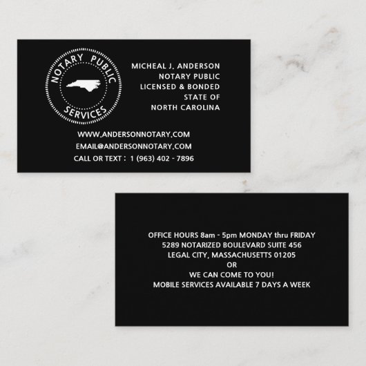 North Carolina Notary Public Services Visitekaartje (Voorkant / Achterkant)