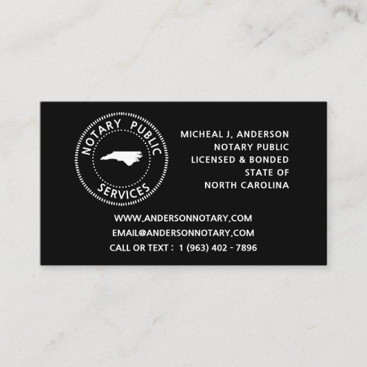 North Carolina Notary Public Services Visitekaartje (Voorkant)