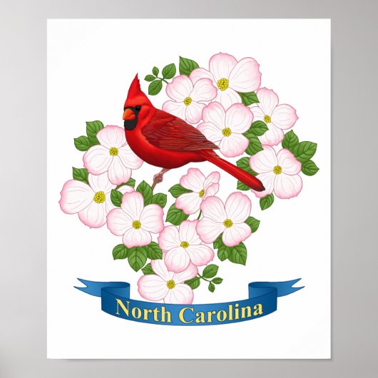 North Carolina State Cardinale Bird Dogwood Flower Poster (Voorkant)