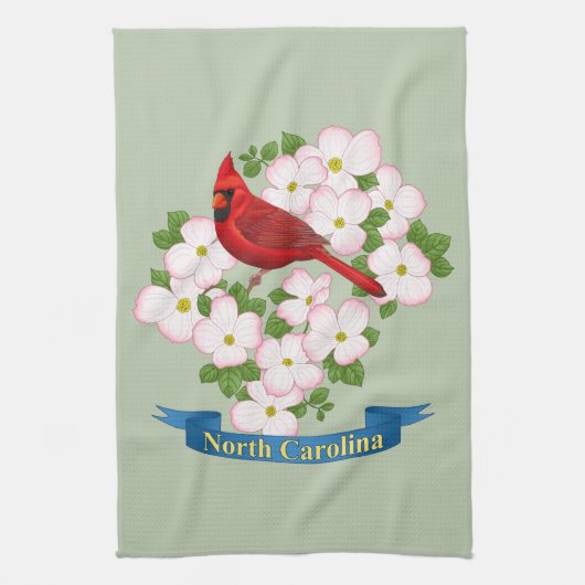 North Carolina State Cardinale Bird Dogwood Flower Theedoek (Verticaal)