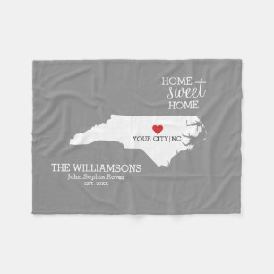 North Carolina State Map Custom Names, City, Color Fleece Deken