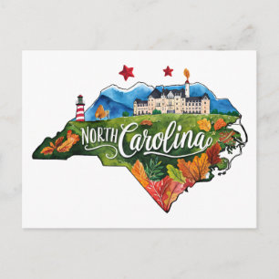 North Carolina USA Staat Vorm Oude Waterverf Briefkaart