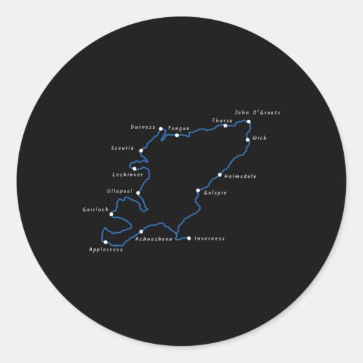 North Coast 500 routebeschrijving met plaatsnamen Ronde Sticker (Voorkant)
