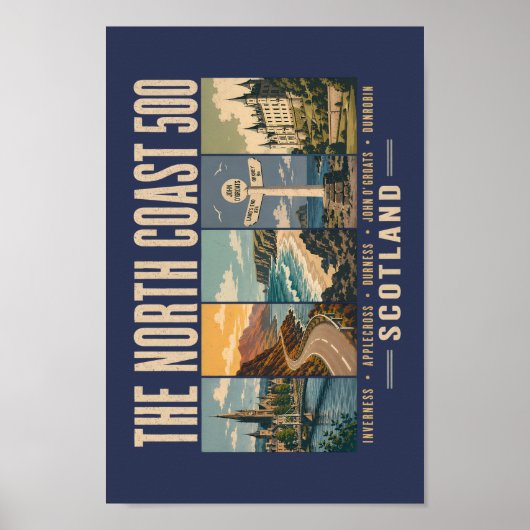 North Coast 500 Scotland Landmarks Illustration Poster (Voorkant)