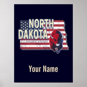 North Dakota State United States Retro Map Poster