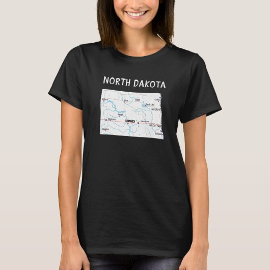 North Dakota Us State Map Highways waterwegen T-shirt (Voorkant)