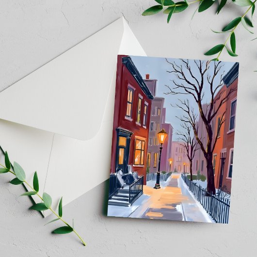 North End Winter Boston Aquarel Schilderij Kaart
