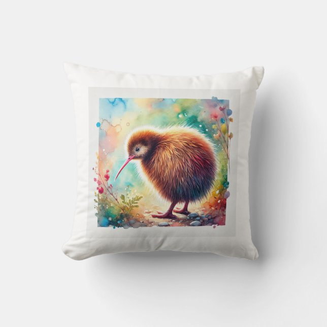 North Island Brown Kiwi 210724AREF124 - Watercolor Kussen (Voorkant)
