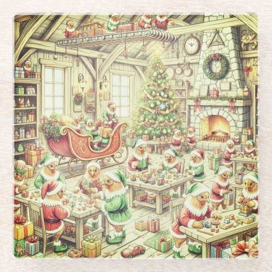 North Pole Chickens, Glass Coaster Glazen Onderzetter (Voorkant)