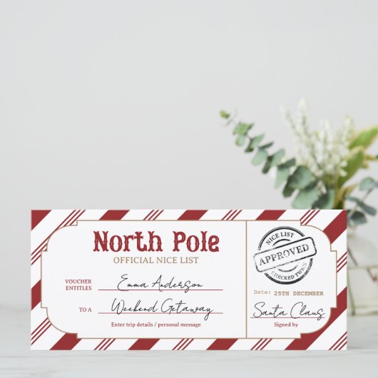North Pole Christmas Gift Voucher Nice List Ticket (Staand voorkant)