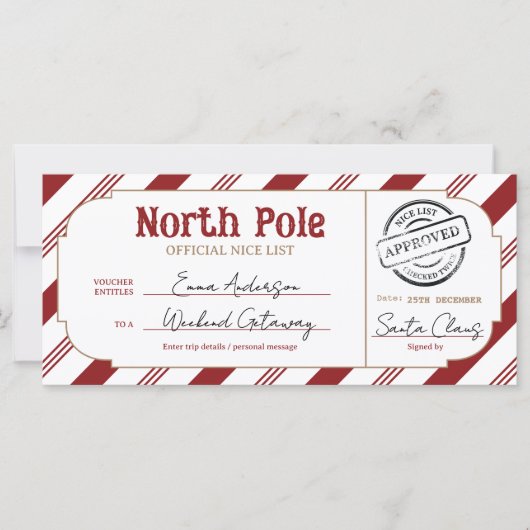 North Pole Christmas Gift Voucher Nice List Ticket (Voorkant)