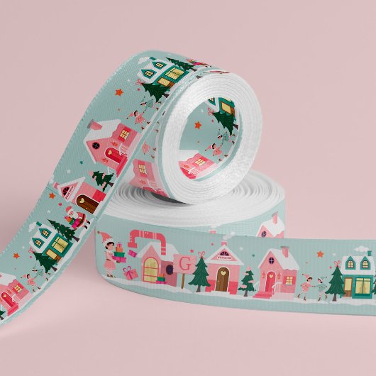 North Pole Elf Workshop Santa Claus Pink Village Grosgrain Lint